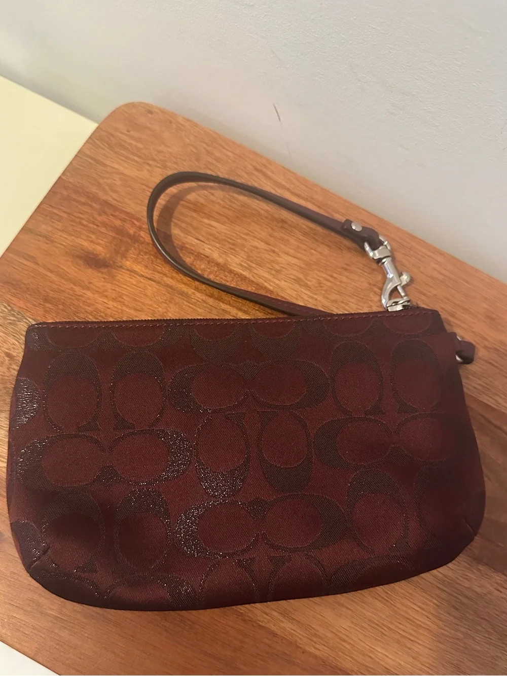 Coach Burgundy Metallic Sateen Turnlock Wristlet/Clutch Shimmer Jacquard Fabric